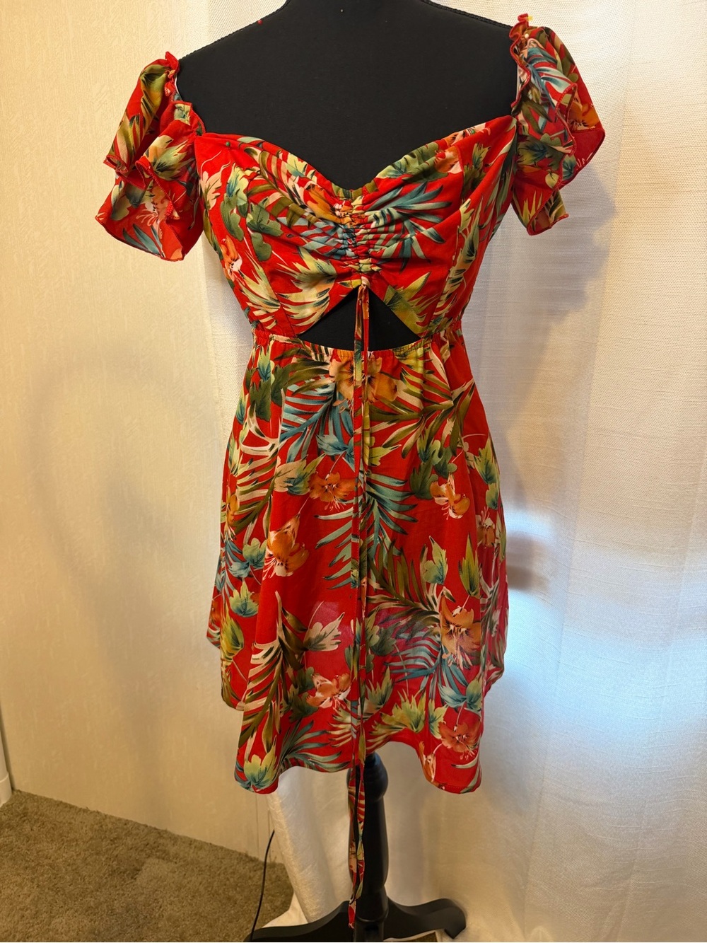 Red Tropical Ruched Mini Dress